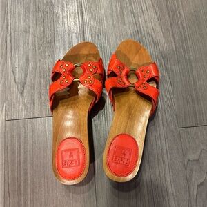Frye wooden sole slide sandals , Sz 6